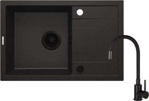 Zlewozmywak granitowy z baterią 1-komorowy z ociekaczem i syfonem - grafit metalik Corio ZRCPG113